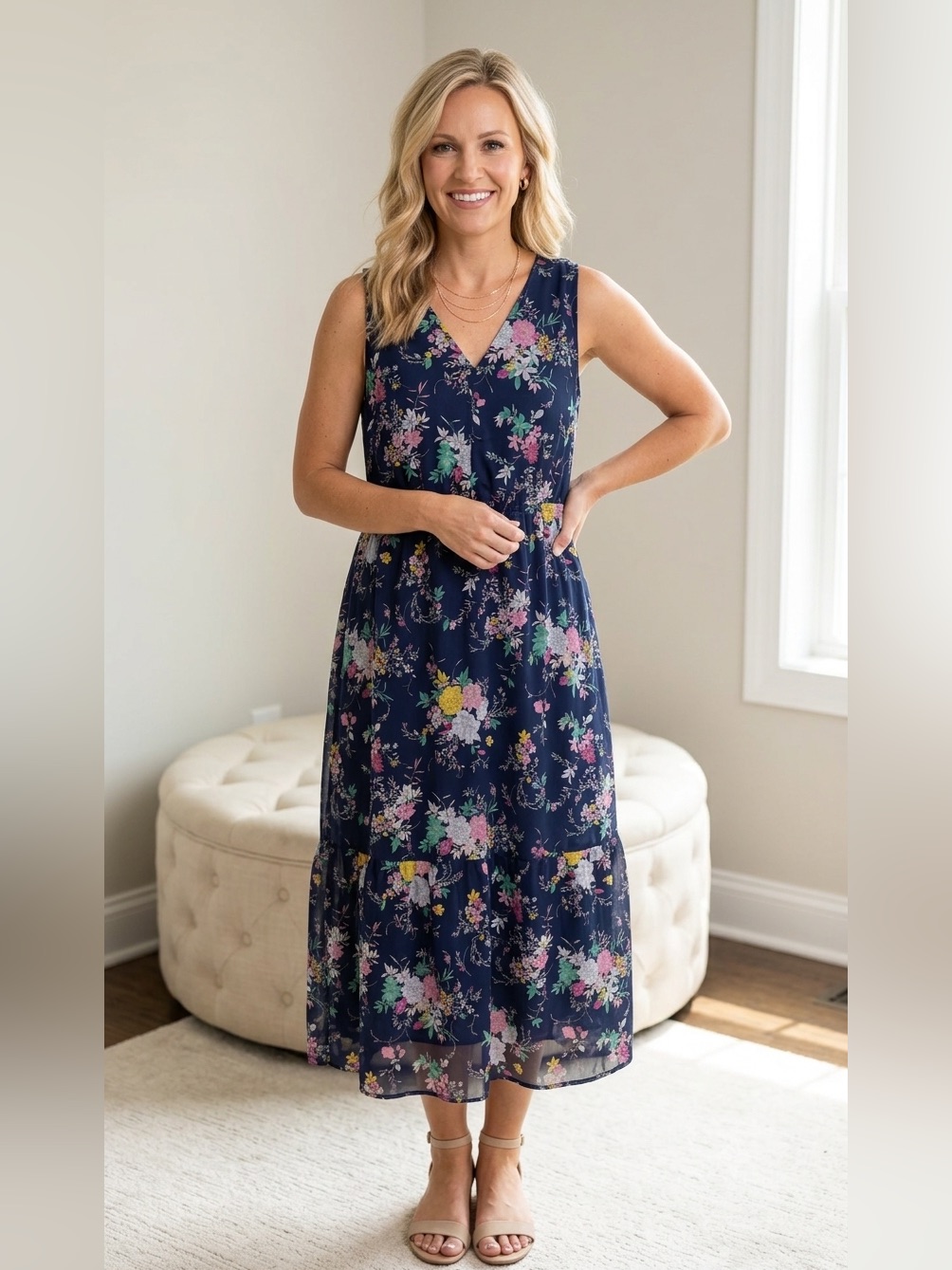 Merona Navy Blue Floral Sleeveless Midi Dress Size Xl